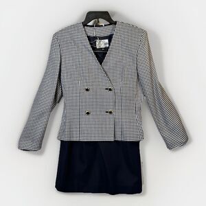Vintage Le Suit 2 Pc Skirt Suit Womens 12 Navy White Houndstooth Blazer Navy Ski
